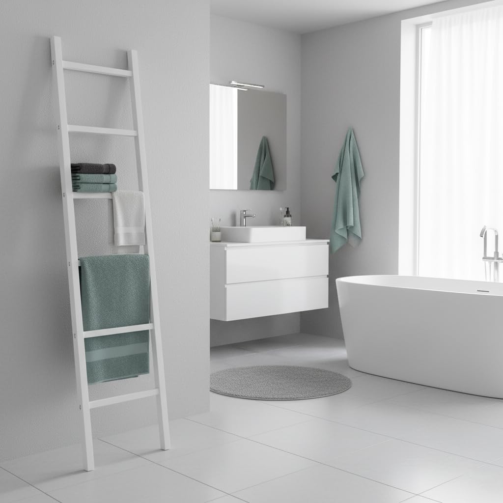 ARHome Scala decorativa, 160 x 40, Bianco Frassinato, Scaletta appendiabiti, Porta asciugamani, Made in Italy
