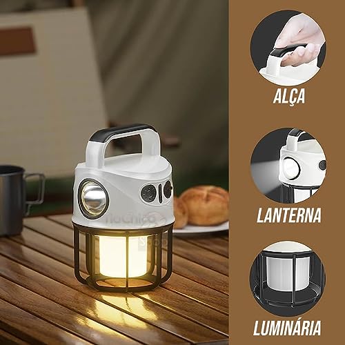 2 em 1 Lampião Luminária Led e Lanterna de Mão Recarregável USB Bateria Camping Aventura Manutenção