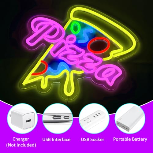 Image of Pizza Neon Sign Pizza LED Neon Light USB Powerd LED Signs Wall Decor Yellow Neon Lights for Pizzeria Kitchen Restaurant Bar Party Pub Cool Bedroom Decoration