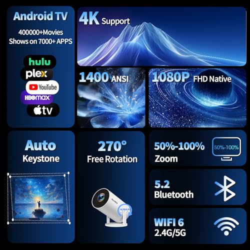 Image of [Built-in Apps & 2026 Upgraded] Mini Projector with WiFi 6 and Bluetooth 5.2 Support 4K 1080P Auto Keystone 270 Rotatable Projector Portable Compatibile with HDMI /TV Stick /Memory Stick /Laptop, Black
