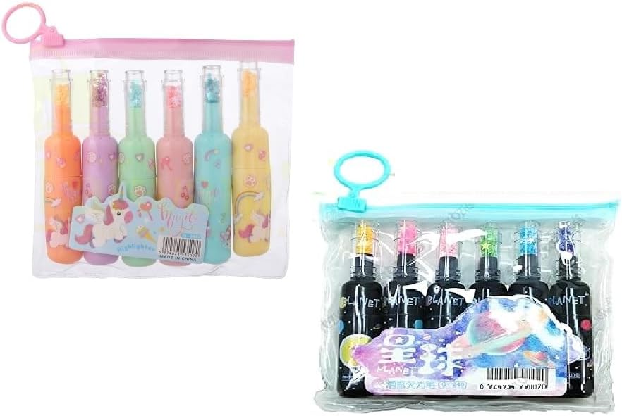 Unicorn and space Theme and Wine Bottle Shape Highlighters combo for kids | Set Of 12 Multicolor| Chisel Tip Fine Grip Marker Pen | Ideal Gifts For Kids | Birthday Party Return Gifts