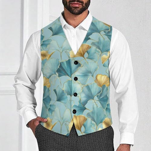 Ginkgo Pattern Suit Vest for Men Slim Fit Tuxedo Waistcoat Button Down V Neck Business Dress Coat4