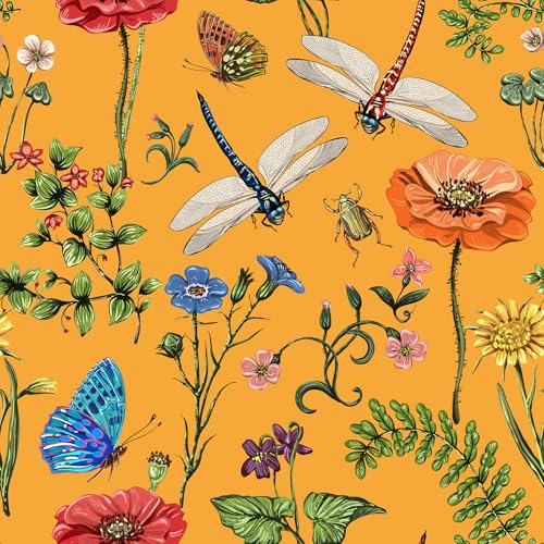 VEELIKE Yellow Floral Peel and Stick Wallpaper Vintage Dragonflies Butterflies Floral Wallpaper for Bedroom Nursery 17.7''x354'' Removable Prepasted Wallpaper Yellow Contact Paper for Cabinets Drawers