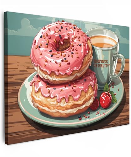 MuchoWow© Impression sur Toile Photo Peinture 70x50 cm Tableau Decoration Murale Chambre Salon Maison Deco Cuisine Rétro - Donuts - Café - Cerise - Alimentation - Bois