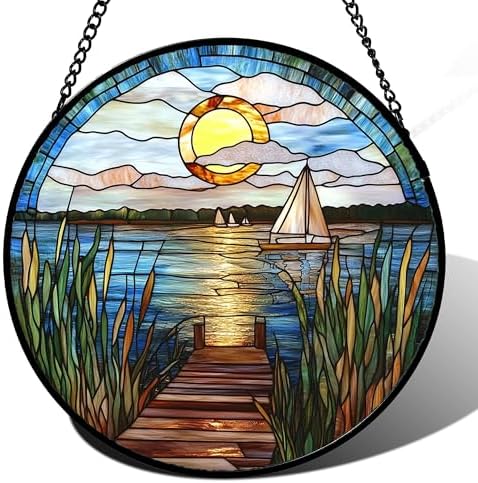 Blue Lake Sunset Landscape Stained Glass Style Suncatcher Window Hanging Decor, Acrylic Jigsaw Puzzle DIY Puzzle 83 Pieces Irregular Pieces 7.4 in, Natural Scenery Gift for Family