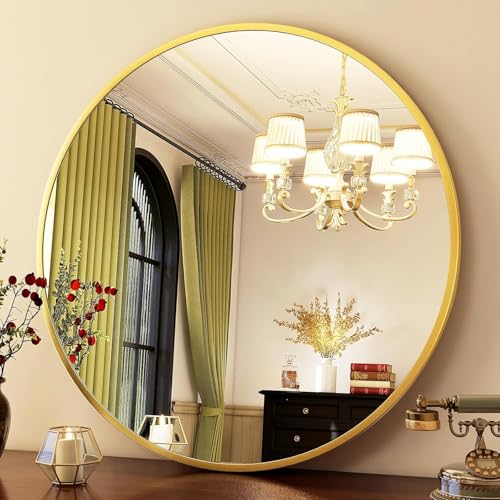 Image of HARRITPURE Round Mirror 36 Gold Wall Mounted Circle Mirrors Vanity Mirror with Brushed Aluminum Alloy Frame Modern Decoration for Bathroom, Living Room, Vanity, Bedroom, Entryway