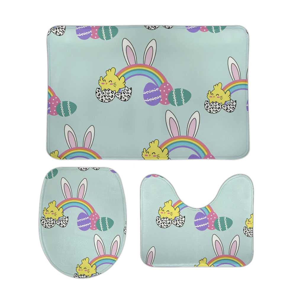 Tapis de salle de bain 3 pièces motifs de Pâques et contour WC U