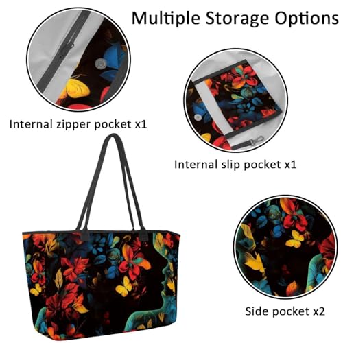 Large Beach Bag for Women, Colorful Flowers Pattern Travel Tote with Pockets Waterproof Shoulder Handbag2