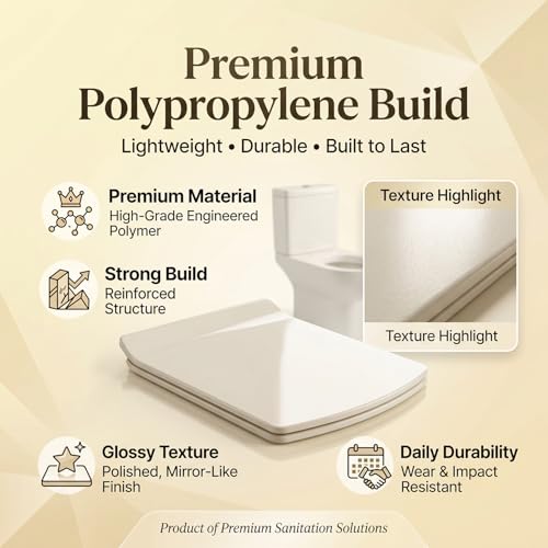 Image of ELEGANT CASA Polypropylene Soft Closing Toilet Seat Cover with Stable Hinges - Rectangular Shape Size 43 x 34 CM Colour Glossy Off-White /Ivory - 1 Set
