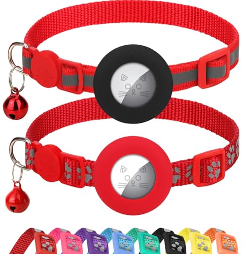Image of 2 Pack Airtag Cat Collars, Reflective Cat Collar with Silicone Airtag Holder and Bell, Breakaway Cat Collars with Round Safety Buckle for Boy and Girl Cats, Adjustable for 7.5-12.5 inch