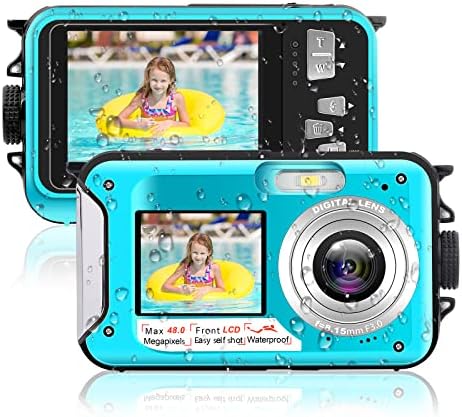 Waterproof Camera 10FT Full HD Waterproof Digital Camera Self-Timer Underwater Camera Dual Screen 2.7K 48MP Underwater Camera for Snorkeling（Blue）