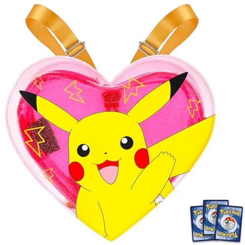 Mini mochila Pokémon para adultos – Pacote com 30,5 cm em forma de coração Pikachu mochila para mulheres, além de cartas colecionáveis, conjunto de pequena bolsa para livros