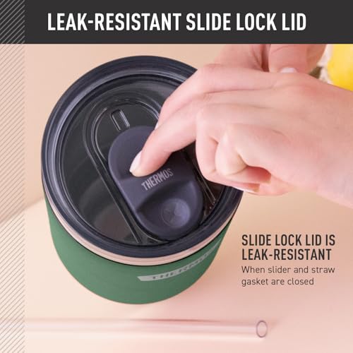 Image of THERMOS Stainless Steel Cup Holder Mug - 40 Ounce, Alpine Green - Insulated Tumbler with Lid and Straw, Plus Leak-Resistant Slide Lock