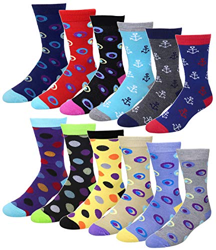 Falari Men Colorful Funny Novelty Crazy Combed Casual Dress Socks & Argyle Socks (12 Pairs - Group - 905 Anchor & Polka Dots)