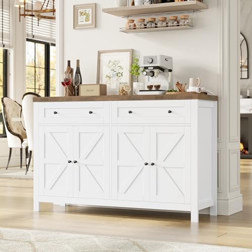 HOCSOK Sideboard, 140 cm Breit Küchenschrank mit Verstellbaren Regalen, Buffetschrank mit 2 Schubladen 4 Türen, Küchenbuffet für Wohnzimmer, Küche, Flur, Weiß