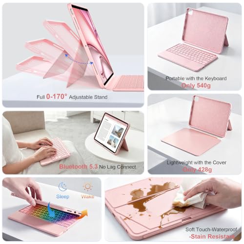 Image of WIWU iPad Air M4 11 inch Case Keyboard 11 /10th Pro11 4 /3 /2 /1 Removable Pink | 3 in 1 Magnetic Detachable Case with Keyboard Adjustable Stand Shortcut Backlit Touchpad for iPad Air 11 inch M2 /M3 /M4 Air 5 /4