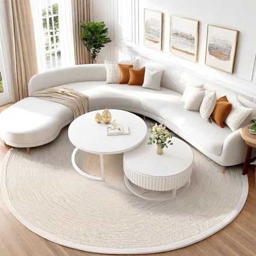 Pquaezortic Moderne Table Basse Ronde Blanche avec Tiroirs Marbre Tables Basses De Salon Cadre Robuste en Métal Lot De 2 Rondes 50+70cm Tables D'appoint