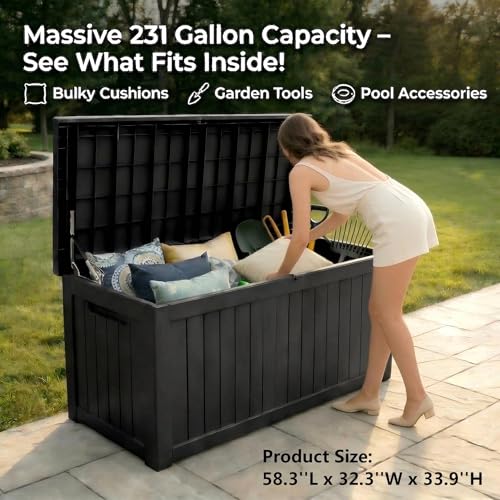 Image of Large 231 Gallon Resin Deck Box, Heavy Duty Lockable Patio Storage Box Outdoor, Waterproof Tool Box for Garden Furniture Cushions & Pool Supplies, Wood Grain Outdoor Storage Bench for Backyard