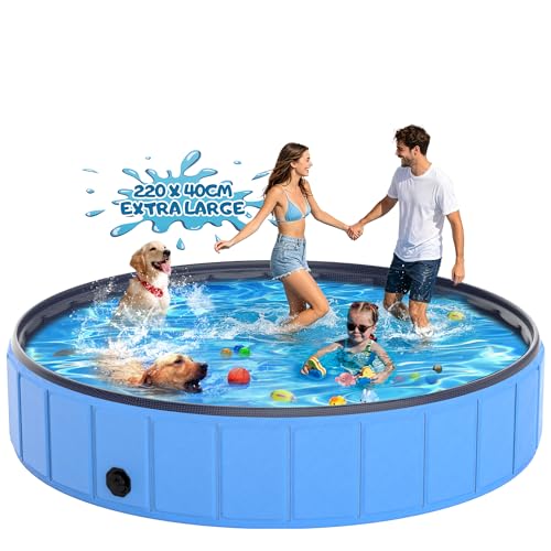 Instraella Dog Paddling Pool 220 x 40cm Extra Large Paddling Pool for Dogs & Kids Upgrade Thickened Dog Paddling Pool Foldable Pet Swimming Pool Portable Dog Bath Tub for Large Medium Dogs & Pets