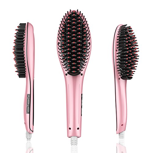 ACEVIVI 2 in 1 Ionic Hair Straightening Brush, Ceramic Heating Straightening Irons Brush with MCH heating technology and Auto Temperature Lock, Anti-scald Patented Design Pink (standard)