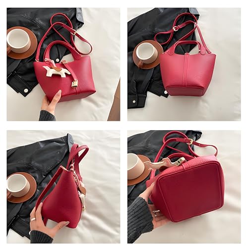 Genuine Leather Bucket Bag for Women 2025, Fashion Exquisite Shoulder Bag with Lock Design Handbag Accessories Bucket Purse4