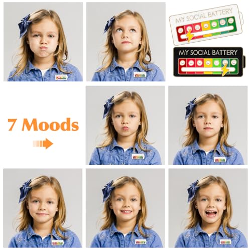 2Pcs Social Battery Slider Pin, Funny Social Battery Pin for 7 Days, My Social Battery Slider Pins for Work, Cute Expression Mood Pins for Introverts Interactive4