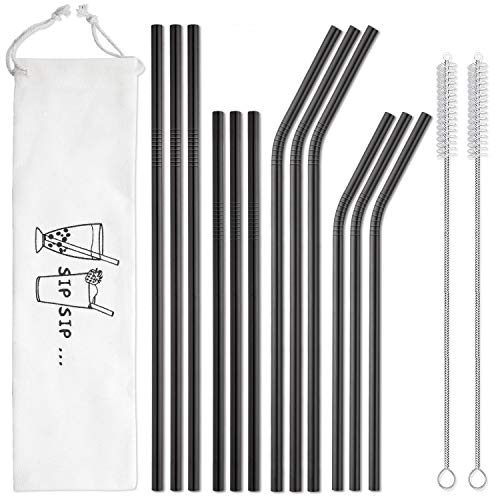Hiware 12-Pack Black Stainless Steel Straws Reusable with Case – Metal Drinking Straws for 30oz and 20oz Tumblers Dishwasher Safe, 2 Cleaning Brushes Included
