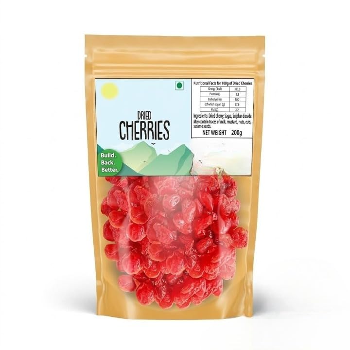 Dried Cherries, Sweet and Tangy, Natural Pitted Cherry, Snacking and Baking, 200g Pack