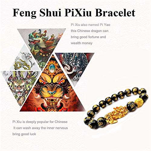 Feng Shui 14mm Black Hand Carved Mantra Beads Bracelet with 1 Golden Pi Xiu/Pi Yao and 1 Golden Mantra Bead Attract Lucky Wealthy3
