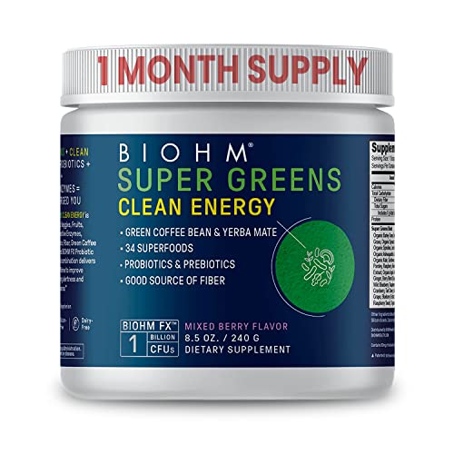 BIOHM Super Greens Clean Energy - 30 Servings - with Probiotics, Super Greens Superfood, 34 Natural Fruit, Vegetable and Herbal Extracts - All Natural Energy - Non-GMO, Gluten Free