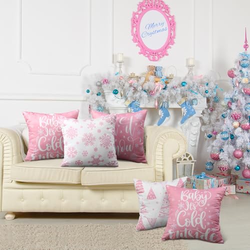 VitalCozy 6 Pcs 18 x 18 inch Christmas Throw Pillow Covers Xmas Cushion Covers Pillow Cases Snowflake Winter Throw Pillow Covers Christmas Decor for Bedroom Sofa Couch Cushion Square Home (Pink) by VitalCozy - Image 4