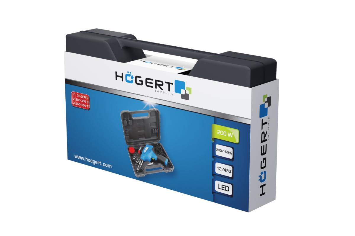 HÖGERT TECHNIK Transformator-Lötkolben, 200W, 3 Temperaturstufen, schnelles Aufheizen, LED-Licht, ergonomischer Griff, inkl. Zubehör & Transportkoffer