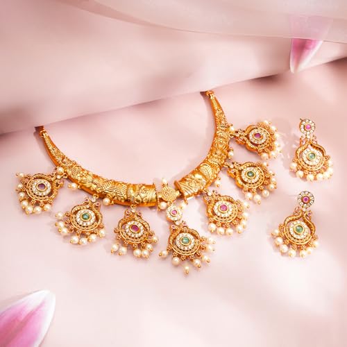 Image of Rubans Gold Plated Temple Necklace Set Traditional Statement Jewellery Gift for Women & Girls