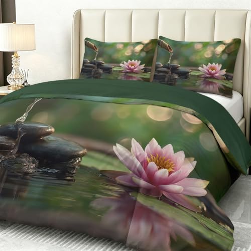 Housse de Couette 140 x 200 Nénuphar Vert Galets Ensemble de Lit - 3