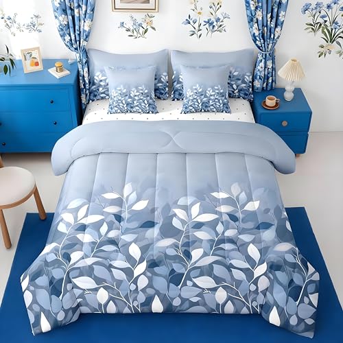 Feelyou Vintage Floral 7 Piece Bedding Set Twin Size Blue