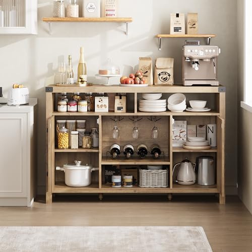 Farmhouse 59" Sideboard Buffet Cabinets with Wine Rack,Modern Coffee Bar Cabinet for Home Liquor, Kitchen Storage Cupboard with Door, Sideboard for Dining Room, Living Room,Restaurant,Wood Color