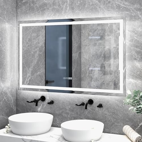 Tangkula 48' x 30' LED Bathroom Mirror, Wall Mounted Rectangle Mirror w/ 3-Color Dimmable Lights, Time/Temp Display, Anti-Fog & Memory Function, Lighted Vanity Mirror with Front and Back Light