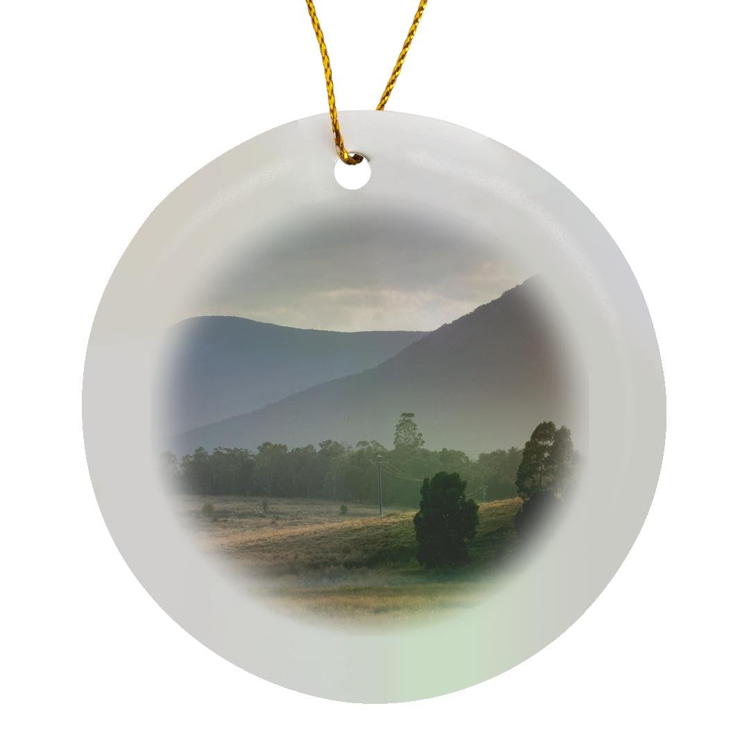 Circle Porcelain Ornament - Australia, Victoria, Yarra Valley, Healesville, Field with Fog, Dawn Mountains