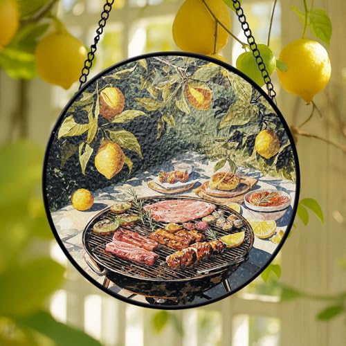 Aussie Barbecue Themed Stained Glass Suncatcher, Personalized Name Round Window Hanging, Gifts for Travelers, Australian Themed Keepsake with Outdoor Dining Design, Aussie BBQ Suncatcher
