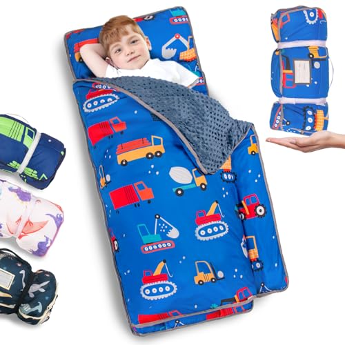 Primlect Thickened Toddler Nap Mat with Removable Pillow and Minky Blanket, Extra Large 55”x35” Sleeping Bag, Washable, Roll up, Perfect for Daycare, Preschool, Kindergarten, Boys and Girls Blue Car