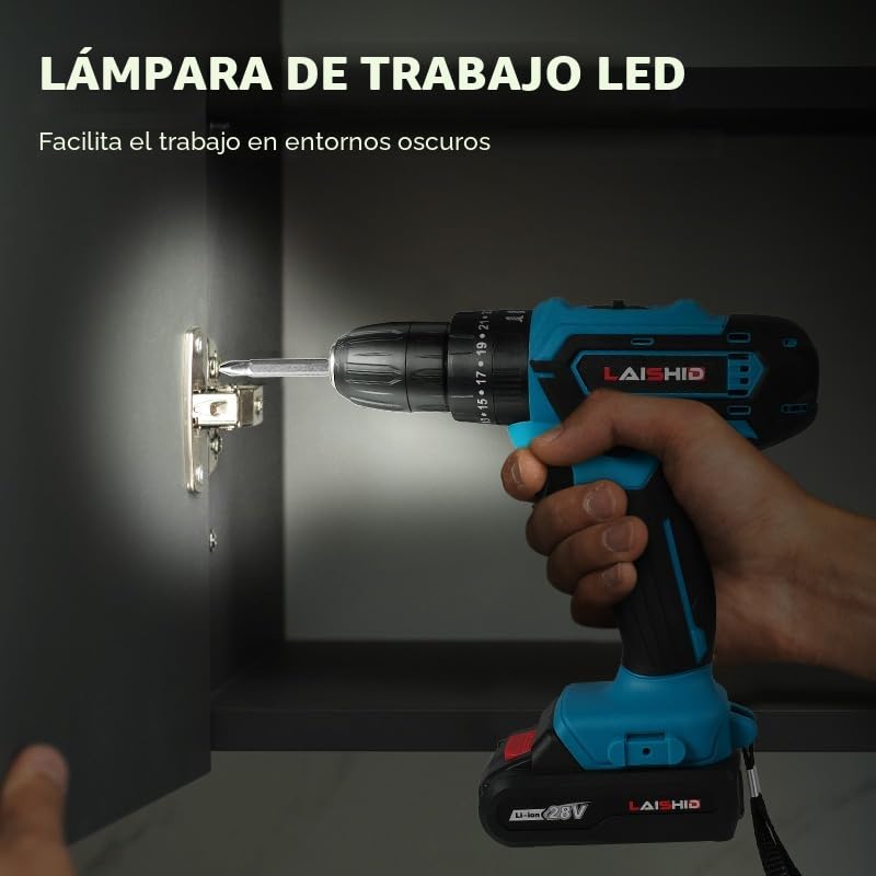 Taladro atornillador inalámbrico de 21 V, atornillador desatornillador con baterías, 1300 x 5 mAh, 32 N.m percusión, 25+3 ajustes de par, 24 accesorios, 2 velocidades, LED, para proyecto de bricolaje