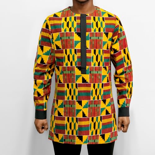 African Mens Shirt Slim Fit Traditional Long Sleeve Dashiki Print Cotton Wax Cloth Top3