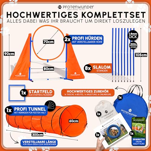 PfotenWunder® XXL-Profi-Agility Set Hunde Groß + 3 Meter-Tunnel + 21 Min. HUNDESCHULE -6 Slalomstangen, für kleine & große Hunde-Training Sport Cavaletti Parcour Steckhürdenset Zubehör Hürden