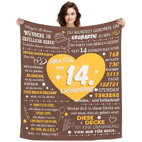Geschenk zum 14. Geburtstags Mädchen Decke Jugendliche Personalisierte Geschenkidee für 14-jährigen Jungen Geburtstag Geschenk Tagesdecke Motivationssprüche Kuscheldecke 150x130CM (14. Geburtstag)