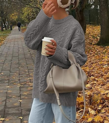 Okiwam Women's Oversized Sweaters Crewneck Cable Knit Pullover Casual Loose Fall Outfits Fashion Clothes 2025