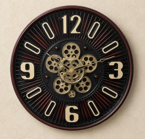 Image of Big Size 19 Inch (48 Cms) Brown Wall Clock with Rotating Moving Gear Mechanism,Silent Sweep Movement | Wall Clock for Living Room, Bedroom, Resorts & Hall. (Round 19 INCH (COLA))