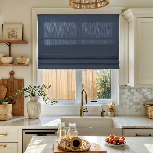 Image of TWOPAGES Isabella No Drill Cordless Roman Shade Linen Textured Cotton Roman Blind for Windows, Custom Made Room Darkening Blackout Roman Window Shade, Hardware Included, Navy Blue, 1 Piece