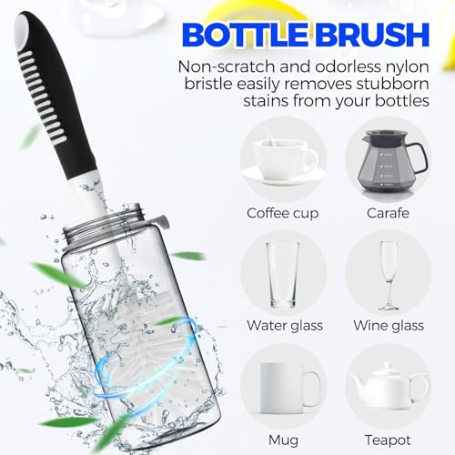 Image of Holikme 6 Pack Dish Brush Set with Bottle Brush, Dish Scrub Brush, Pan Brush and 3 Straw Brushes, Deep Cleaning Handle Brush with Scraper Tip for Kitchen Sink Dishes Bottle Cup Pot and Pans (Black)