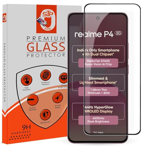 Image of STP FEEL Premium HD+ Tempered Glass Screen Protector Guard Compatible For Realme P4 5G (6.77 Inch, Pack of 1) | Edge to Edge Coverage With Easy to installation kit for Smartphone