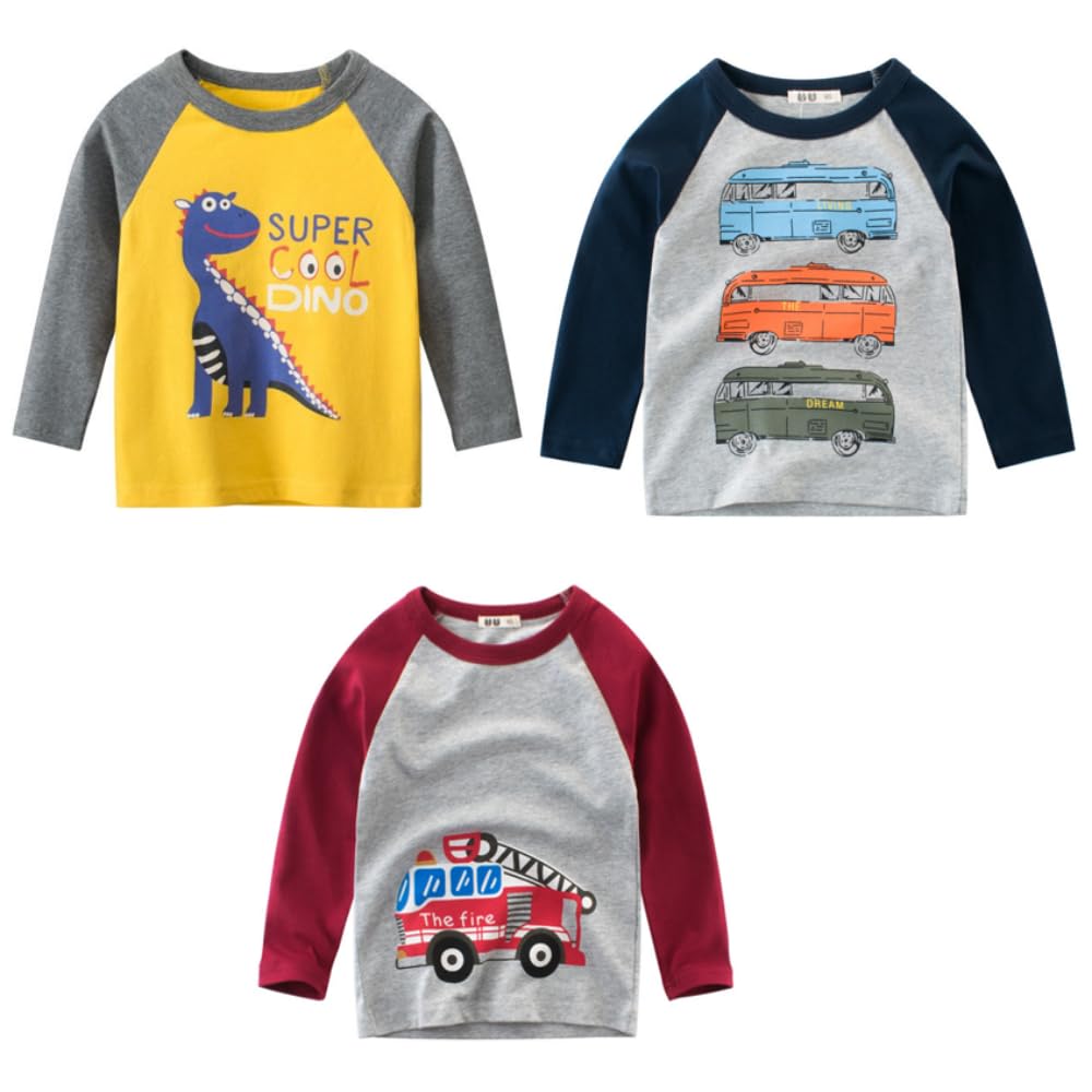 KidZain Toddler T-Shirts 3 Pack Soft Cotton Full Sleeve Graphic Tees for Boys Value Multipack Dinosaur Fire Truck Car 2-9